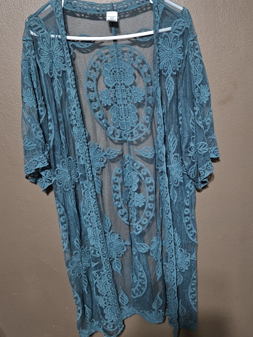 Teal Lace Sheer Kimono Cover-Up - Women's Floral Overlay